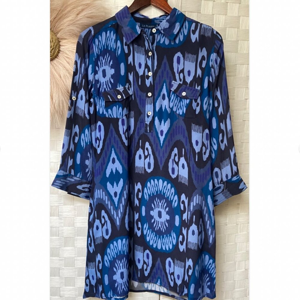 La Plage Blue & Black Collared Button Pocket Knee Length Dress Size S